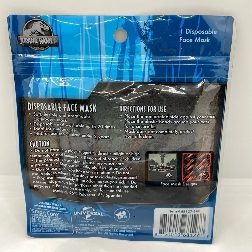 Jurassic World Kids Dinosaur Washable Cloth Face Mask Ages 2+ New In Package